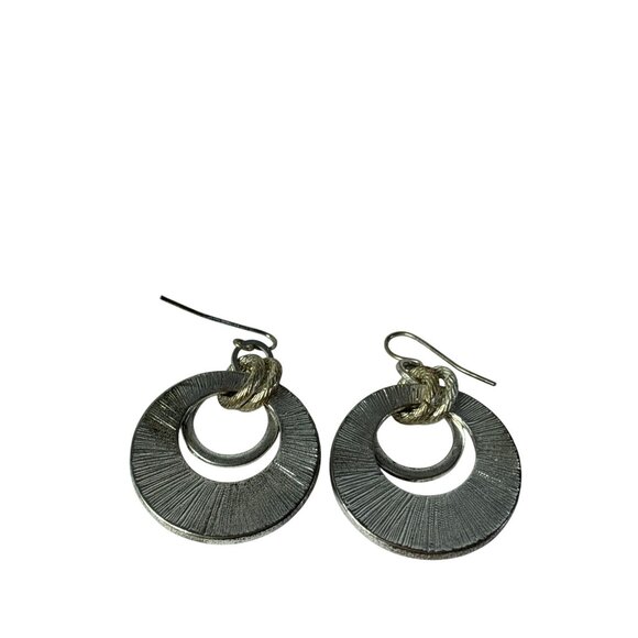 Black Silvertone Round Dangle Earrings With Textured Design 1.5 inches - Picture 2 of 3